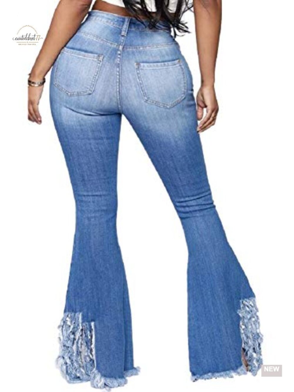 High Waisted Bell Bottom Flare Jeans Raw Hem Stretch Denim Wide Leg - Picture 4 of 4